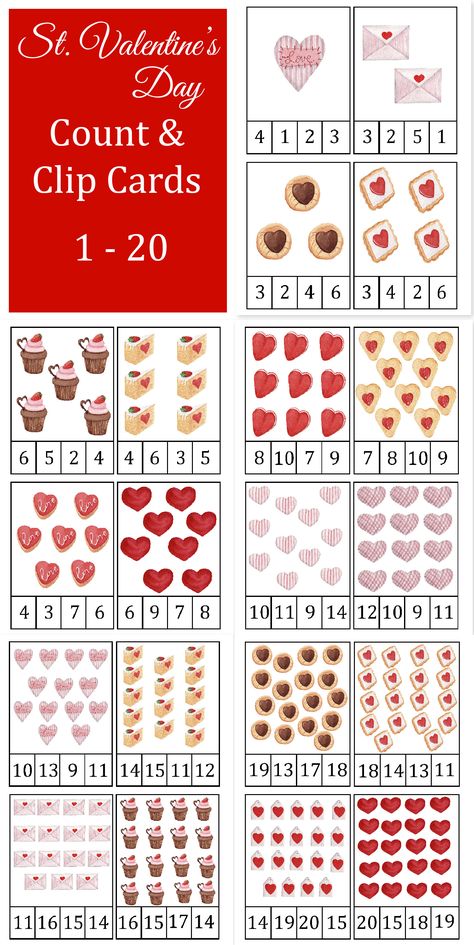 Valentines Day Count and Clip Cards 1 to 20 with hearts and sweets are a fun way for children to develop counting , number recognition and fine motor skills. Montessori counting cards. For homeschooling parent, daycare and preschools, kids parties. These cards are made using my original watercolor artwork. Hearts Preschool, Montessori Counting, Counting For Toddlers, Counting Clip Cards, Day Count, Counting Cards, Number Recognition, Homeschool Math, Clip Cards