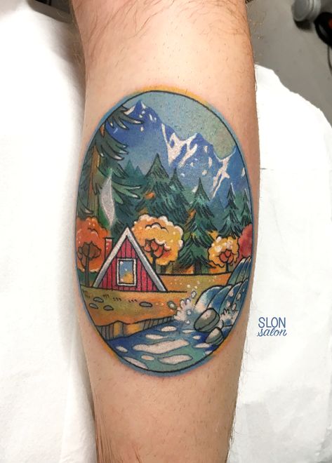 A cabin in the forest in the mountains, tattooed on Niels' leg. Cabin In Woods Tattoo, Cabin Tattoo, Cabin In The Forest, Scenery Tattoo, Wood Tattoo, Scene Tattoo, Autumn Tattoo, Landscape Tattoo, Forest Scenery