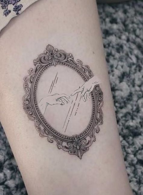 Oval Mirror Tattoo, Gothic Mirror Tattoo, Antique Mirror Tattoo, Framed Tattoo Ideas, Mirror Tattoo Design, Victorian Tattoo Ideas, Etched Tattoo, Vintage Frame Tattoo, Vintage Mirror Tattoo