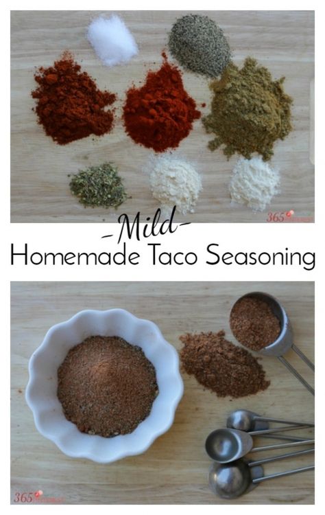 Mild Homemade Taco Seasoning: 2 tsp onion powder 2 tsp garlic powder 2 tsp oregano 4 Tbsp (1/4 cup) cumin 2 Tbsp chili powder 2 Tbsp paprika 2 Tbsp black pepper 2 tsp salt Taco Seasoning Without Cumin, Easy Taco Seasoning Recipe, Taco Seasoning Easy, Taco Seasoning Mix Recipe, Low Carb Taco Seasoning, Taco Seasoning Ingredients, Diy Taco Seasoning, Mild Taco Seasoning, Homemade Taco Seasoning Mix