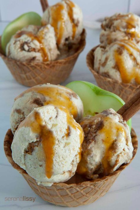 Perfect for the fall apple season, this ice cream will be a welcome treat. Just a few ingredients and tasty flavors of cinnamon and apples, this creative ice cream recipe is easy to make at home! Cinnamon Ice Cream Recipe, Creative Ice Cream, Apple Ice Cream, Cinnamon Ice Cream, Crunch Cereal, Pie Flavors, Cake Pie, Ice Cream Base, Apple Season