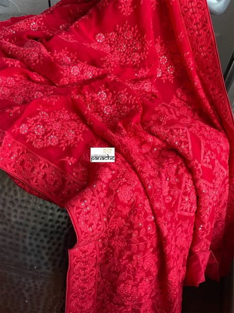 Designer Pure Georgette Chikankari - Red – Panache-The Desi Creations Red Chikankari Saree, India Textiles, Chikankari Saree, Bluish Gray, Red Saree, Vintage Saris, Timeless Art, Contemporary Designs, Blouse Piece