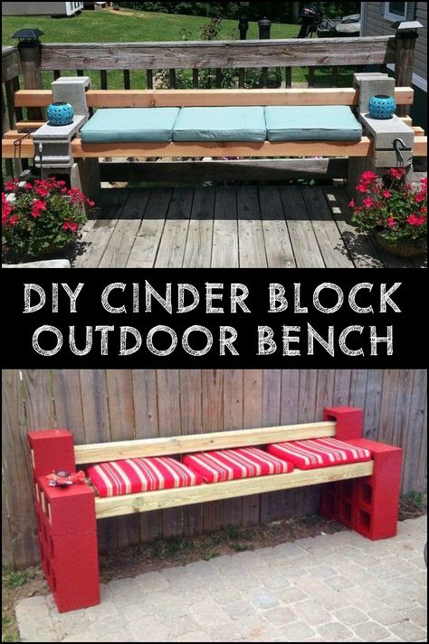 Do you need a bench for your outdoor space, or know someone who does?﻿ Then build this easy outdoor bench made of cinder blocks! Diy Outdoor Cinder Block Furniture, Cinder Block And Wood Benches, Outdoor Bench With Cinder Blocks, Diy Patio Furniture Cinder Blocks, Diy Bench Seat Outdoor Cinder Blocks, Small Front Garden Ideas, Cinder Blocks Diy, Cinder Block Furniture, Cinder Block Bench