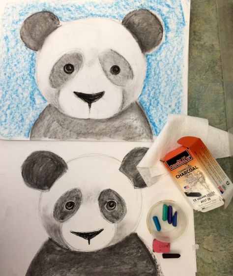 fullsizerenderpanda Charcoal Art Projects, Charcoal Art Lesson Elementary, Elementary Animal Art Projects, Panda Art Project, Elementary Charcoal Art, Koala Painting Acrylics, Koala Canvas Painting, Graphite Art, Animal Art Projects