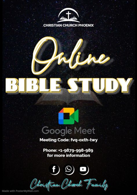 Editable Online Bible Study Meeting Church Google Meet Zoom event social media flyer Bible Study Flyer Design, Event Social Media, Worship Night Flyer, Google Meet, Social Media Flyer, Online Bible Study, Event Flyers, Bible Study, Bible