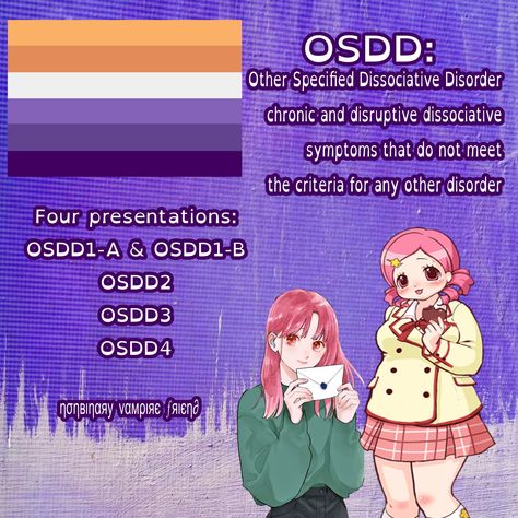 OSDD: Other Specified Dissociative Disorder chronic and disruptive dissociative symptoms that do not meet the criteria for any other disorder Four presentations: OSDD1-A & OSDD1-B OSDD2 OSDD3 OSDD4 Graphics on each presentation will follow ~Ryn: ageless, persecutor, it/it Dissociated Identity Drawing, Osdd-1b System, Dissociated Identity, Disassociative Identity, Disassociative Identity Disorder, Dissociation, May 23, Phoenix, Presentation