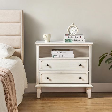 Kamilo Traditional 28.25 inch Wide Nightstand Table Open Storage with 2 Drawers by HULALA HOME - Bed Bath & Beyond - 36827777 Wide Nightstand, Tall Nightstands, Nightstand Table, Wood Model, White Nightstand, Modern Nightstand, Master Bedrooms, Wood Bedroom, Elegant Living