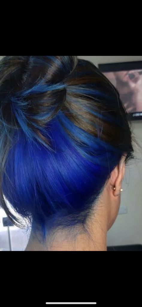 Black With Blue Peekaboos, Blue Undercut Hair, Black And Blue Hair Underneath, Black With Blue Underneath Hair, Dark Blue Underneath Hair, Midnight Blue Hair Short, Brunette Hair With Blue Highlights, Blue Hair Ideas For Brunettes, Half Black Half Blue Hair