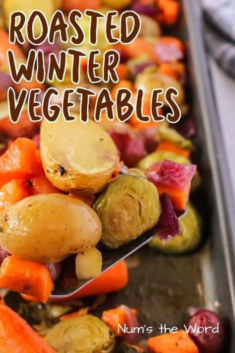 Roasted Winter Vegetables is a quick and easy way to get more vegetables in your diet! Plus oven roasting makes them sweet! Almost like colorful, healthy candy! #roastedwintervegetables #ovenroastedvegetables #sheetpanvegetables #sheetpansidedish #vegetablesidedish #easyroastedwintervegetables #bestwintervegetablestoroast #sheetpanroastedwintervegetables #roastedvegetables #ovenbakedwintervegetables #numstheword Ways To Eat Vegetables, Vegetables In The Oven, Best Roasted Vegetables, Easy Veggie Side Dish, Roasted Winter Vegetables, Veggie Side Dish, Roasted Veggies In Oven, Winter Veggies, Oven Vegetables