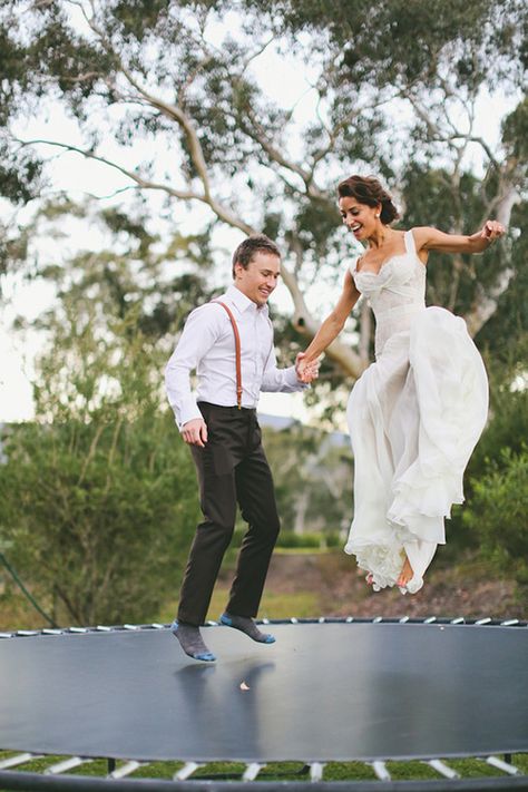 Trampoline bride and groom love cute wedding outdoors fun trees couple smile country laugh jump Sneakers Design, Perfect Bride, Bridesmaid Outfit, Ideal Wedding, Wedding Advice, Wedding Tips, My Dream Wedding, Wedding Pictures, Wedding Bells