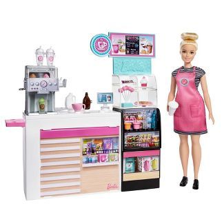 Barbie Coffee, Pink Apron, Barbie Sets, Smoothie Makers, Barbie Skipper, White Stripes Shirt, Barbie Toys, Chocolate Syrup, Barbie House