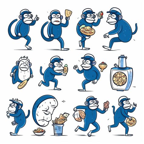 food application illustration Collection, chimp, cute monkey, simple minimal, in different poses, reading, running, cooking, eating, outline illustration style, keith haring style, vector graphics, imperfect, dynamic, blue and white colors, white background --q 2 Chimp Illustration, Outline Illustration, Cute Monkey, Keith Haring, Illustration Artwork, Vector Graphics, Fashion Illustration, White Background, Im Not Perfect