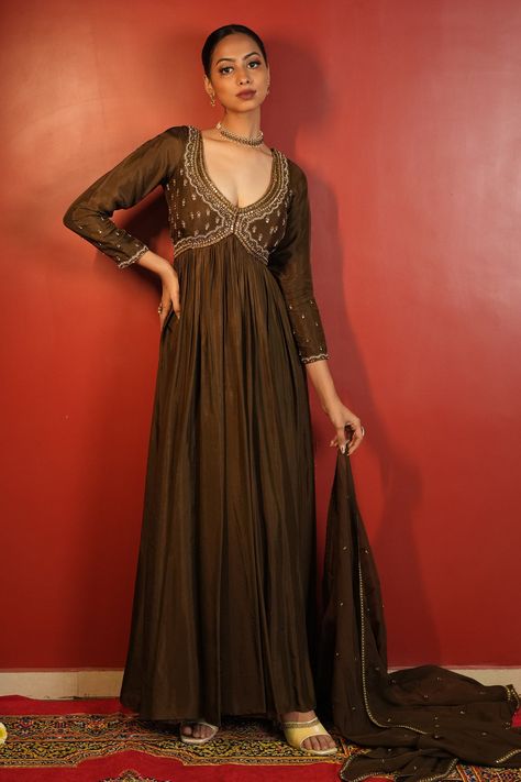 Buy Brown Upada Silk Hand Embellished Zardozi And Yoke Anarkali With Dupatta For Women by Enamour By Radha Online at Aza Fashions. Brown Anarkali, Anarkali With Dupatta, Fusion Wear, Indian Designer Suits, Indian Designer, Indian Design, Designer Suits, Anarkali, Aza Fashion