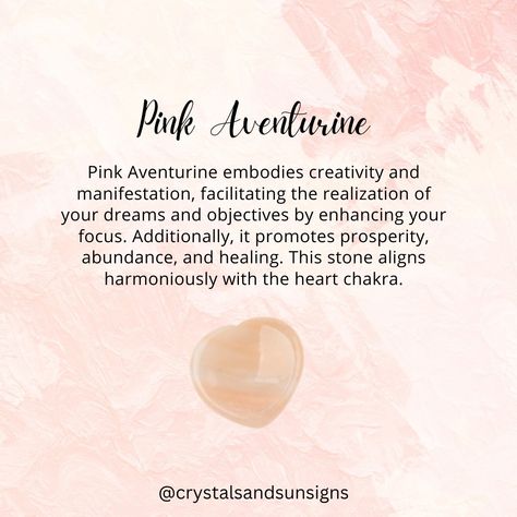 Pink aventurine is a form of quartz characterized by its pink color, caused by inclusions of small flakes of Lepidolite mica. This stone is formed through a process of metamorphism, where existing rocks are subjected to high temperatures and pressures. Pink aventurine can be found in various locations around the world, including Brazil, India, and Russia. 🌍💖 #Geology #PinkAventurine #Metamorphism Pink Aventurine Meaning, Aventurine Meaning, Pink Aventurine, Aventurine Stone, Sun Sign, Heart Chakra, Geology, Pink Color, Dreaming Of You