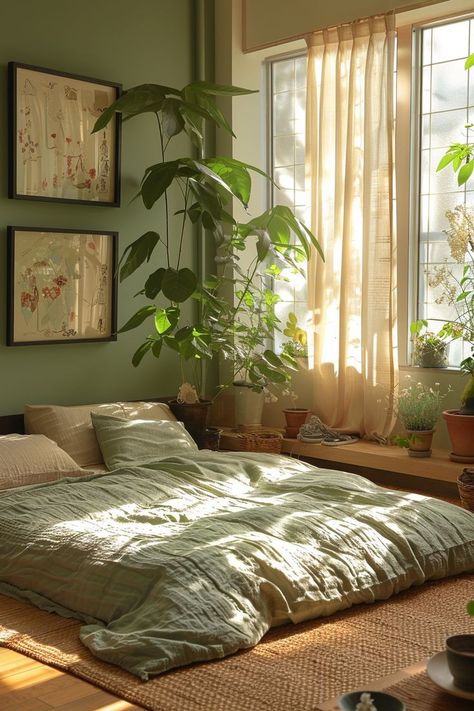 Små Rum Lidt Plads, Bilik Tidur, Floor Bed, Cozy Room Decor, Apartment Decor Inspiration, Dream Room Inspiration, Green Rooms, Bedroom Green, Dream House Interior