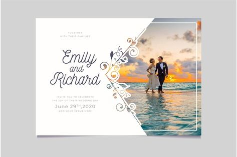 Wedding invitation template with photo | Free Vector #Freepik #freevector #wedding #invitation #template #photo Wedding Photo Book Layout, Wedding Photo Album Layout, Cartoon Wedding Invitations, Wedding Album Layout, Wedding Album Cover, Floral Wedding Stationery, Retro Wedding Invitations, Elegant Wedding Invitation Card, Wedding Photo Books