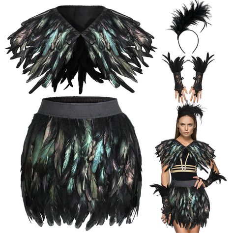 PRICES MAY VARY. Complete Feather Ensemble: the package feather dress women include 1 feather skirt, 1 dramatic feather cape, 1 eye catching feather headband, and a pair of sleek gloves; This complete set is designed to make you attractive of any event, helping you stand out with unrivaled elegance Exquisite Material: make a captivating appearance with our black carnival costumes for women made with reliable natural feathers; The use of reliable natural feathers ensures not just the visual appea Evil Queen Cosplay, Raven Costume, Feather Shawl, Crow Costume, Peacock Costume, Owl Costume, Feather Cape, Victorian Corset, Black Tutu