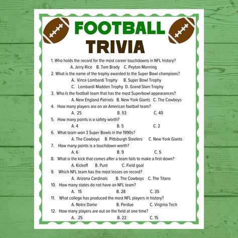 Are you ready for some football? Celebrate the football season with this fun Football Trivia game. It is perfect for football party games, group activities, get-togethers, or to do on your own. #footballtrivia #footballparty #superbowlgames #footballprintablesw This is a digital download. You will not receive a physical copy. Football Trivia Game, Fantasy Football Draft Party, Football Trivia, Football Party Games, Party Games Group, Pep Rally Games, Rally Games, Games Group, Super Bowl Trophy