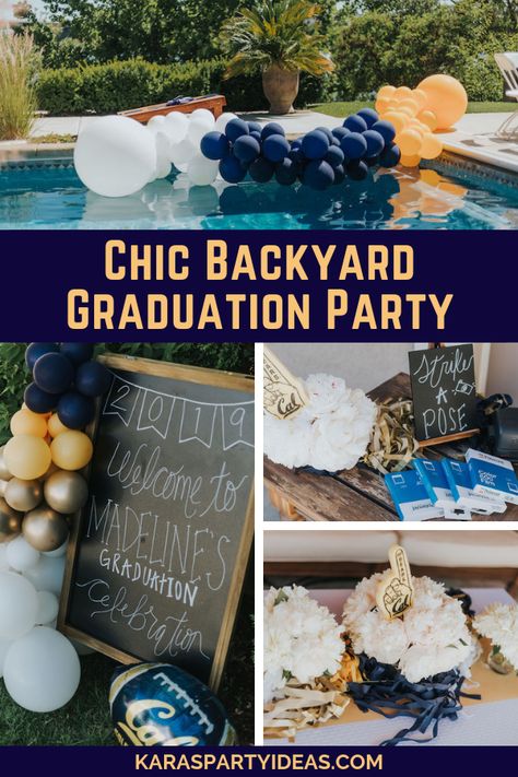 Chic Backyard Graduation Party via Kara's Party Ideas - KarasPartyIdeas.com Graduation Party Garden Theme, Grad Party Ideas Boys, Grad Party Keepsake Ideas, Graduation Senior Table Ideas, Table Centerpiece For Graduation Party, Party Decor With Cricut, Graduation Party Ideas Grad School, Photo Board Graduation Party, Graduation Party At Home Ideas