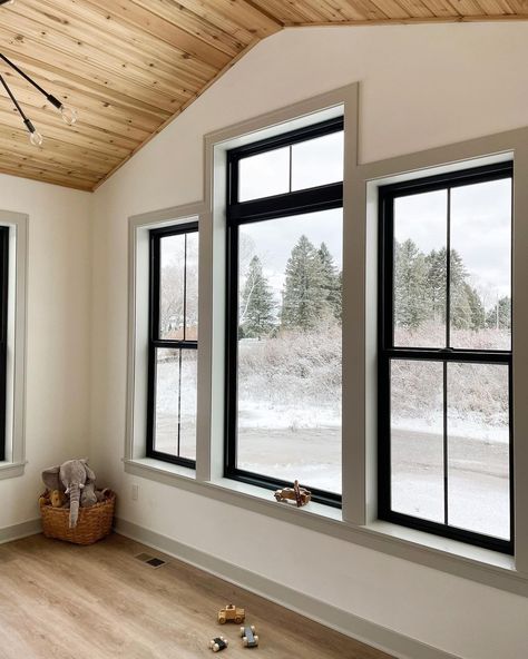 Contrasting Window Trim, Modern Rustic Interior Trim, Black Windows Grey Trim, Black Windows Brown Trim, White Trim Vs Black Trim, Craftsman Black Windows, Painting Wood Windows Black, Organic Modern Window Trim, Contrast Window Trim