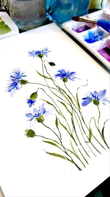 Cornflowers Painting, Blue Coneflower, Cornflower Drawing, Watercolor Cornflower, Christmas Wine Bottle Crafts Diy, Gouache Flowers, Simple Watercolor, Sketchbook Illustration, Christmas Wine Bottles