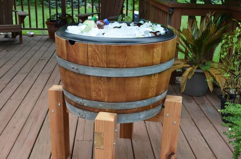 12 Creative Wine Barrel Projects for Your Yard ~ Bees and Roses Wine Barrel Chairs, Wooden Cooler, Rooftop Patio Design, Whiskey Barrel Furniture, Barrel Projects, Wine Barrel Furniture, Barrel Decor, Irish Decor, Barrel Furniture