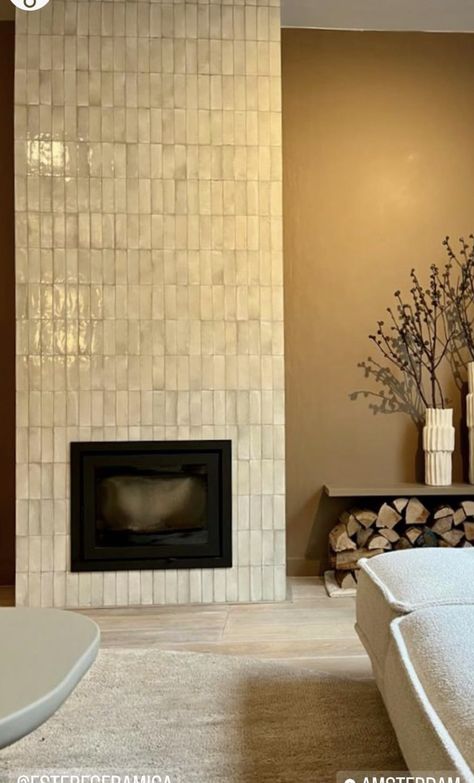 Floor To Ceiling Tiled Fireplace, Insert Stove Surround Ideas, Pink Tile Fireplace, Rustic Tile Fireplace, Mid Century Modern Tile Floor, Modern Fireplaces Ideas, Off Centre Fireplace Living Rooms, Cosy Living Room Ideas With Fireplace, Spanish Tile Fireplace