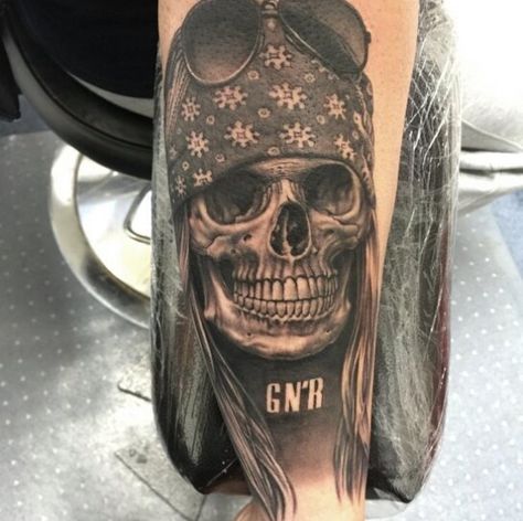 By Cheyenne artist Bob Tyrrell Axl Rose Tattoo, Axel Rose, Pin Up Girl Tattoo, Biker Tattoos, Rose Skull, Gorgeous Tattoos, Most Popular Tattoos, Tattoo Illustration, Axl Rose