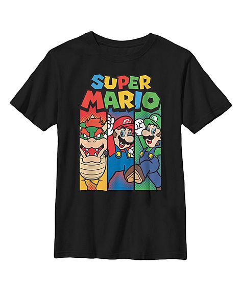 Super Mario Black Tee - Boys. Level up his casual style with this soft cotton tee celebrating a classic video game. Full graphic text: Super MarioPrinted with phthalate-free water-based inks100% cottonMachine wash; tumble dryImported, screen printed in the USAShipping note: This item is made to order. Allow extra time for your special find to ship. Luigi And Bowser, Super Mario Bowser, Mario Bowser, Mario Shirt, Mario Luigi, Stripe T Shirt, Kid Room, Game Characters, Mask Party