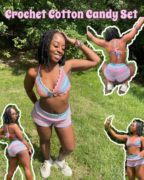 Crochet cotton candy Two Piece set on the lovely @itssmeyka. Set Notes: Caron Blossom Cakes Yarn: acrylic/cotton blend Size:M/L curvy Pricing: Top$30 Bottom$60 (Pricing subject to change for larger sizes/intricate designs) . . . . . . . . . . . #crochet #diy #tutorial #crochettutorial #crochetpattern #crochetpatterns #crochetdesign #crochetersofinstagram #handmade #crochetaddict #crochetfashion #handmadeclothing #crochetinspiration #crochetinspo #slowfashion #crochetpatterntester #crochetp... Caron Blossom Cakes, Crochet Diy, Intricate Designs, Crochet Fashion, Handmade Clothes, Two Piece Set, Crochet Designs, Crochet Tutorial, Slow Fashion