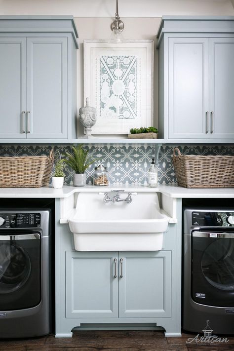 Interior Design ideas Sink Between Washer And Dryer, Between Washer And Dryer, Sink Backsplash, Farmhouse Kitchen Backsplash, Patterned Tile Backsplash, Laundry Room/mud Room, Laundry Room Sink, Table Farmhouse, Kitchen Backsplash Designs