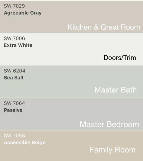 House Remodel Color Schemes, Sea Salt Whole House Color Scheme, Whole House Paint Scheme Open Floor Plan, Whole House Paint Scheme Cottage, Whole House Paint Scheme Farmhouse Country Style, Contemporary Farmhouse Color Palette, Cozy Whole House Color Scheme, Country House Color Scheme, While House Color Schemes