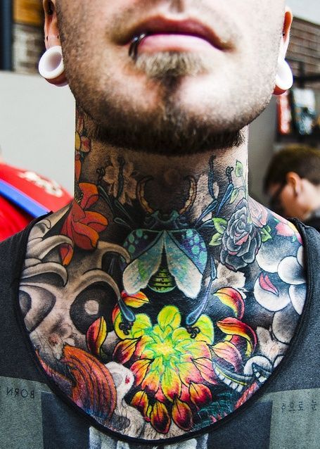 Blue Beetle and Colorful Flowers Neck Tattoo Lots Of Tattoos, Neck Tattoos For Men, Best Neck Tattoos, Throat Tattoo, Neck Tattoo For Guys, Neck Tattoos, Geniale Tattoos, Chest Tattoo Men, Inked Magazine