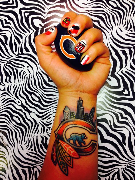 Chicago Blackhawks Nails (my art), Chicago Sports Tatoo Chicago Sports Tattoo, Chicago Cubs Tattoo, Chicago Bears Tattoo, Sport Tattoos, Chicago Tattoo, Cubs Tattoo, Marquesan Tattoos, Mens Shoulder Tattoo, Bear Tattoo