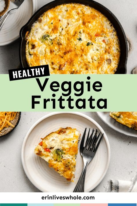 Fuel your body in the morning with some high protein and a variety of veggies... All thanks to this flavorful veggie frittata recipe! Made with eggs and packed full of veggies like bell peppers and onions, this breakfast frittata is perfect for brunch and filling enough for lunch. Veggie Frittata Recipes, Erin Lives Whole, Breakfast Frittata, Veggie Frittata, Frittata Recipe, Nut Free Recipes, Frittata Recipes, Healthy Appetizers, Peppers And Onions