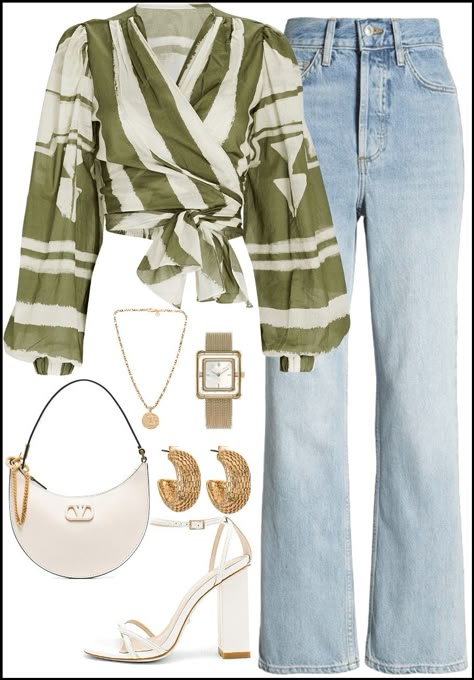 Brunch, summer look , wrap top , style ,outfit , wrap top outfit ,green top , green and white , straight leg jeans , white heels Cute Spring Outfits 2024, Streetwear Fashion Women Summer 2024, Summer Outfit Style, Outfit Brunch, Summer Brunch Outfit, Fashion Casual Outfits, Women Summer Outfits, Summer Brunch, Casual Outfit Inspiration