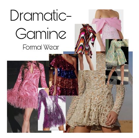 A collage of Dramatic-Gamine essence inspiration for formal wear. Essence Types, Gamine Essence, Dramatic Gamine, Kibbe Gamine, Dramatic Essence, Kibbe Types, Ethereal Essence, Flamboyant Gamine, Gamine Style