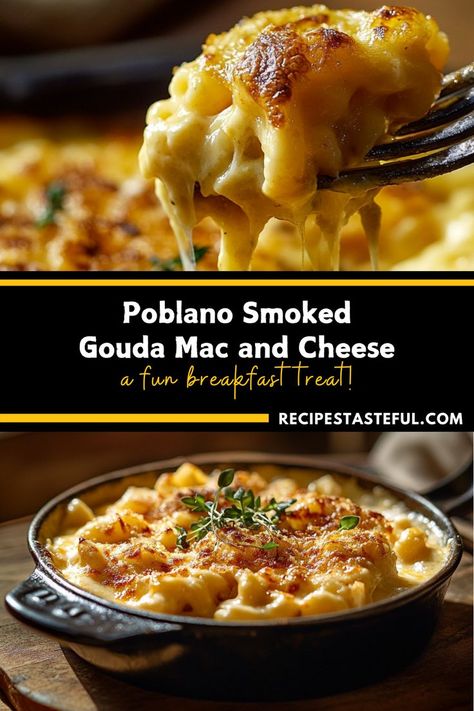 This **Poblano Smoked Gouda Mac and Cheese** is a creamy, indulgent twist on the classic comfort dish. Smoky roasted poblanos, three types of cheese, and a rich, spicy sauce create the perfect balance of flavor in every bite. Topped with a golden, crispy panko crust, this mac and cheese is baked to perfection. It's the ideal dish for family dinners, potlucks, or any occasion that calls for comfort food with a little extra flair. Poblano Mac And Cheese, Smoked Gouda Mac And Cheese Recipe, Gouda Mac And Cheese Recipe, Smoked Gouda Mac And Cheese, Gouda Recipe, Gouda Mac And Cheese, Smoked Mac And Cheese, Classic Mac And Cheese, Baked Mac N Cheese