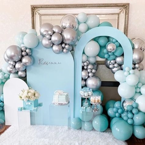 Tiffany Blue Balloon Decorations, Tiffany Blue Birthday Party, Fairy Birthday Themes, Bridal Shower Idea, Balloons Background, Chiara Arch, 1st Bday Cake, Tiffany Theme, 21st Bday Ideas