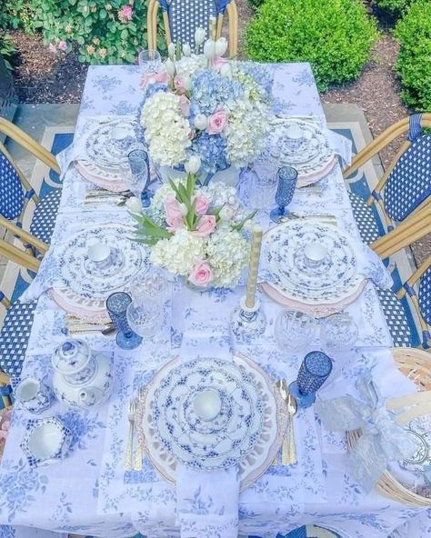 Coastal Grandmother Birthday, French Inspired Tablescape, Mix Match Tea Party Table Settings, Blue Birthday Dinner Decor, Blue Tea Party Aesthetic, Blue And White Tea Party, Coastal Brunch, Table Setting Etiquette, Blue Table Settings