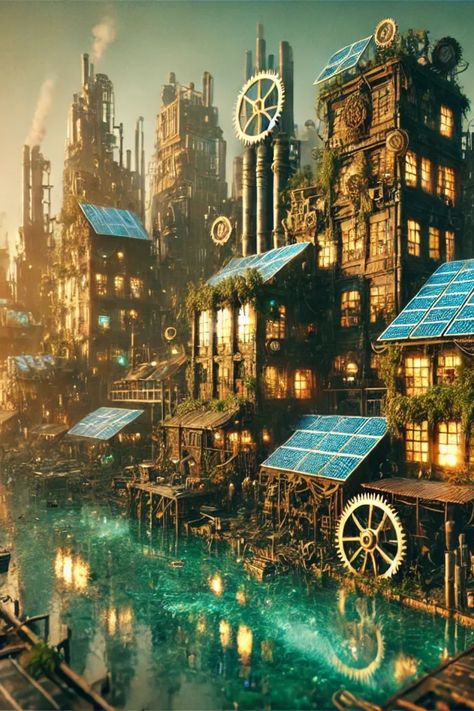 Step into a world where sustainability meets steampunk. This solar-powered city thrives amidst the remnants of an industrial past, showcasing the potential of eco-friendly designs in a post-apocalyptic setting. Downloads Available @ https://slaacr.com Solarpunk Wallpaper Desktop, Ecopunk Aesthetic, Solar Punk Character, Solar Punk City, Solarpunk City, Solarpunk Aesthetic, Punk Character, Solar City, Fantasy Settings