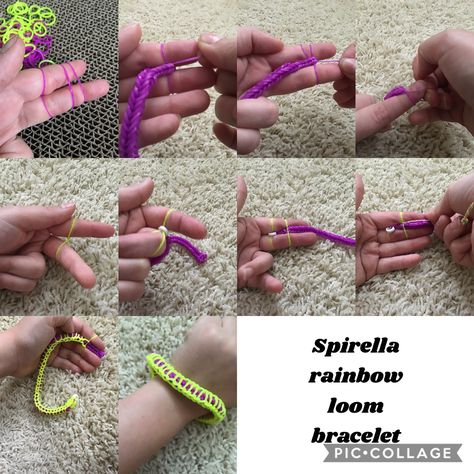 First Make a fishtail bracelet. Once completed twist a rubber band around two fingers. Take your S or C clip that is on your fishtail bracelet and clip it to the twisted rubber bands. Put another rubber band on your fingers and pull the fishtail bracelet through the rubber band. Repeat this step. Once completed put the rubber band on one finger. All the bottom rubber band over the top. Now clip the rubber band to your s or c clip and you have a spirella rainbow loom bracelet! Share your results How To Make Rainbow Loom Bracelets With Fingers, Rainbow Loom Finger Patterns, If You Be The Cash Ill Be The Rubber Band, Rainbow Loom Bracelets With Fingers, Rainbow Loom Tutorials Step By Step, Loom Bands Easy, Loom Band Patterns Instructions, Rainbow Loom Animals, Loom Bands Designs