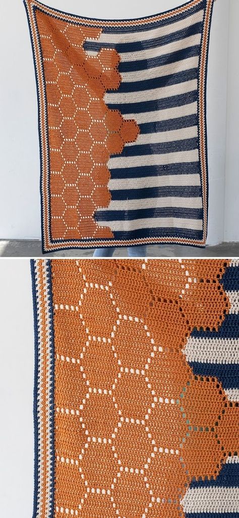 Beautiful Striped Crochet Blankets. This stunning crochet blanket in the pictures below was made by And She Laughs and it's absolutely amazing, don't you think? As you can see in the pictures below, it's a colorwork piece using simple stitches and the intarsia method. It also features a hexagon pattern created with filet crochet. The finished size is 44" x 36". #freecrochetpattern #blanket #throw Two Tone Crochet Blanket, Crochet Blanket Wrap, Crochet Striped Blanket, Crochet Filet, Filet Crochet Patterns Free, Hexagon Crochet, Hexagon Crochet Blanket, Unique Crochet Blanket, Crochet Quilt Pattern