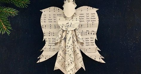 Finally, after years or requests, I give to you my angel ornament pattern.  Linked is A 17 minute video documenting how I construct my Origi... Paper Angels, Sheet Music Crafts, Page Crafts, Old Book Crafts, Paper Angel, Christmas Sheet Music, Paper Christmas Decorations, Paper Christmas Ornaments, Book Page Crafts