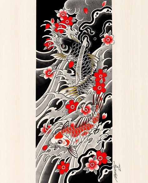 Koi Sakura Tattoo, Traditional Koi Tattoo, Traditional Japanese Koi Fish Tattoo, Red Koi Fish Tattoo, 2 Koi Fish, Koi Fish Drawing Tattoo, Dragon Koi Tattoo Design, Koi Dragon Tattoo, Traditional Japanese Tattoo Flash