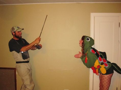 Fisherman and brook trout couples costume I made for my bf & I! Fisherman Costume Diy, Fishing Lure Costume, Fisherman And Fish Halloween Costume, Fisherman Couple Costume, Fishing Couple Costume, Fisherman And Fish Costume, Fish And Fisherman Couples Costume, Fish Halloween Costume Women, Mermaid And Fisherman Costume