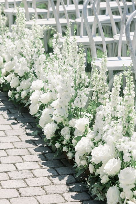 Floral Lined Aisle with beautiful white roses, larkspur, stock and greenery. Location Loriana in San Luis Obispo. Floral Lined Aisle, Arbour Florals, Head Table Flowers, Aisle Arrangements, Bridal Bouquet Bridesmaid, White Wedding Ceremony, Ceremony Florals, Wedding Isles, Ceremony Aisle