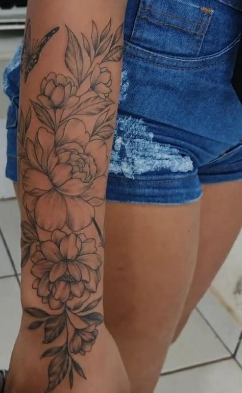 Flower Tattoos Half Sleeve Lower Arm, Floral Arm Sleeves, Cool Upper Arm Tattoos, Rose Tattoo Sleeve Women, Half Sleeve Floral Tattoo, Floral Forearm Tattoo Half Sleeves, Flower Tattoos Forearm, Flower Arm Tattoos For Women, Arm Sleeve Women