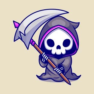 T-Shirts by Catalyst Stuff | TeePublic Holding Scythe, Grim Reaper Drawing, Skeleton Cartoon, Cute Grim Reaper, Reaper Drawing, Avocado Cartoon, Dark Kawaii, Moon Cartoon, Skeleton Illustration