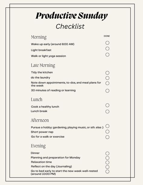 Download our productive sunday Checklist for free on our website. It will help you be productive and relax before starting the new week! #weekend #activities #weekendactivities #checklist #sunday #whattodoonsunday #sundaytodo Sunday Routine For A Productive Week, Weekend Checklist, Sunday Checklist, Productive Sunday, Weekend Planner, Sunday Routine, Light Breakfast, Go To Bed Early, Health Routine